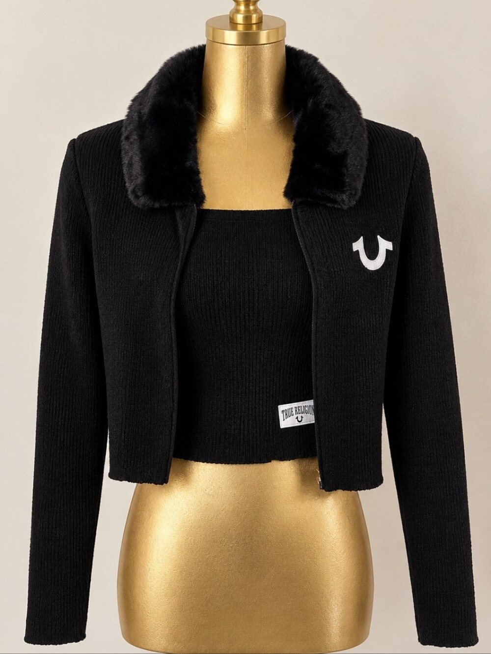 True Religion Black Ribbed Faux-Fur Collar Zipp Vest